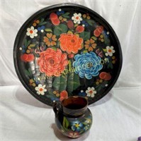 Beautiful Wooden Platter 20" Flowers pitcher