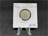 1867 Shield Nickel - AU 58 - "W/O Rays