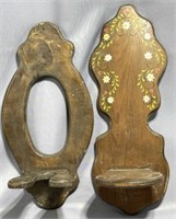 Two Wood Wall Mounted Oil Lamp Holders