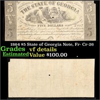 1864 $5 State of Georgia Note, Fr- Cr-26 Grades vf