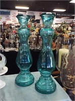 Set of two green glass decorative holders