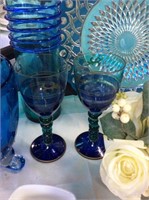 Set of two green and blue glass goblets
