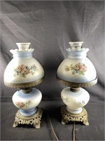 Vintage hand painted milk glass hurricane lamps