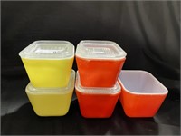 5 Small Pyrex Dishes w/ 4 Lids - Red and Yellow