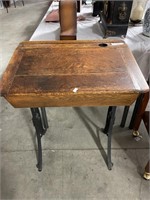 Antique Oak Cast Iron Student Desk w/ Inkwell Hole