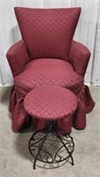 (L) Maroon armchair 30" tall with stool.