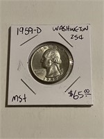 Rare MS+ 1959-D High Grade US Silver Quarter