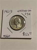 Rare MS66+ 1961-D High Grade US Silver Quarter