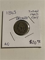 Early 1860 Thick BRONZE Indian Head Cent AG Grade