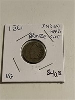 Rare 1861 Thick BRONZE Indian Head Cent VG Grade