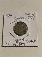 Rare Key Date 1860 BRONZE Indian Head Cent XF HG