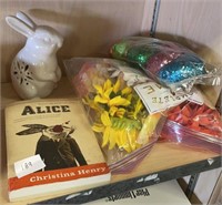 Alice book, artificial flowers, ceramic rabbit