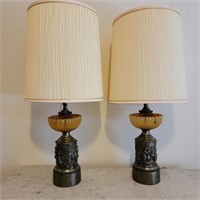 Mid-Century Brass & Amber Lamp Pair