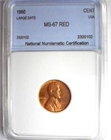 1960-D Lg Date Cent NNC MS-67 RD LISTS FOR $500
