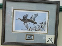 1986 Duck Framed Print By Paul Bridgeford w/ Stamp