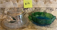 E - GREEN CANDY DISH & COVERED PLATE (K15)
