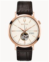 BULOVA Men's AEROJET Leather Strap Watch,   Rose g