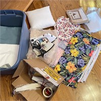 Sewing/ Fabric Lot in Blue Tub w/ Lid