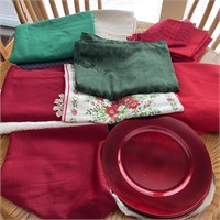 Lot of Tablecloths w/ Red Chargers