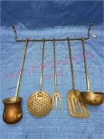 Hand forged copper / brass utensils w/ wall rack