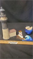 Wooden Lighthouse, Blue Holder w/ Seashells