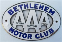 AAA Bethlehem Motor Club Porcelain Plaque.