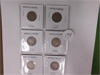 6 Buffalo Nickels 1920 - 1923 - 1926 - 1928 -