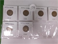 6 Buffalo Nickels 1918 - 1920 - 1924 - 1925 -