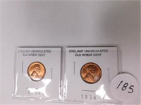 2 Brilliant Uncirculated Old Wheat Cents 1956 D -