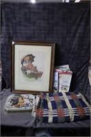 vintage wool blanket, framed art, tin, magazines