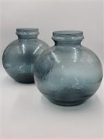 (2) Blue Wavy Glass Jar Vases