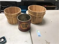 Vintage Golden Bear Cookie Tin & 2 Wooden Buckets