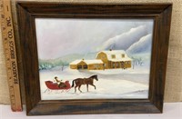Folksy artist signed painting on canvas - winter