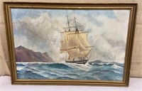 Artist signed painting on board - ship in rocky