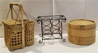 Bamboo steamer, wire wine holder, wicker