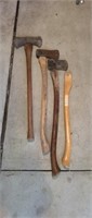 3 assorted single and double blade axes with