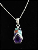 STERLING SILVER TURQUOISE,CORAL,AMETHYST PENDANT