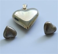 STERLING SILVER HEART PENDANT AND EAR RING STUDS