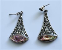 STERLING SILVER ALBALONE SHELL MARCASITE EAR RINGS