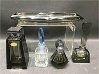 Glass vanity items. Tray and perfume bottles.
