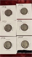 6 Buffalo Nickels US 5 cent Coins