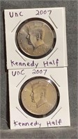 2 2007 P&D Kennedy Half Dollars Brilliant  UNC
