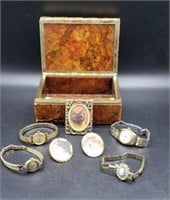 Italian Alabaster Jewelry Box With Cat Brooch Pin