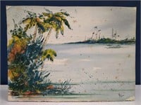 Artist Signed Palm Tree & Boats Seascape Painting