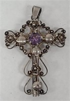 Old Coin Silver Cross with Purple Sapphire Stone