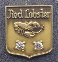 14k Gold Red Lobster Service Pin with 2 Diamonds