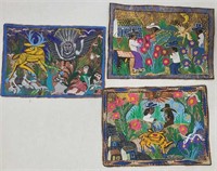 3 Small Mexican Folk Art on Amate Bark Paper