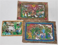 3 Mexican Folk Art on Amate Bark Paper
