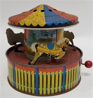 Antique Tin Litho Mechanical Musical Go Round Toy