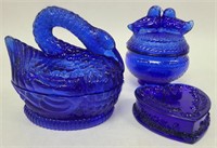 Three Cobalt Blue Covered Dishes Swan Heart Birds